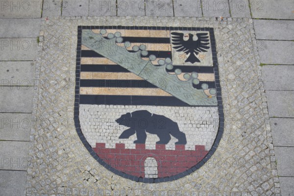 Saxony-Anhalt coat of arms, floor mosaic, paving stones, floor, Old Town Hall, Old Market,