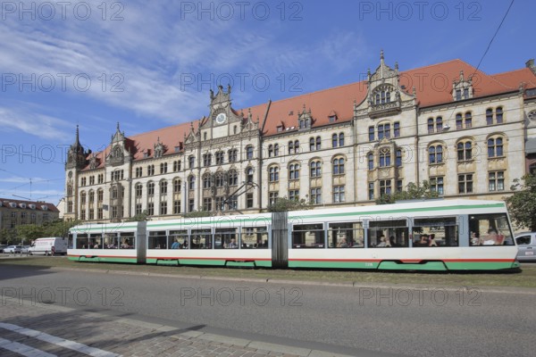 Historic labour court and tram, courthouse, local transport, Magdeburg, Saxony-Anhalt, Germany