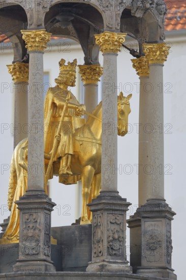 Magdeburg rider with crown, golden equestrian figure, equestrian statue, sculpture, Alter Markt,
