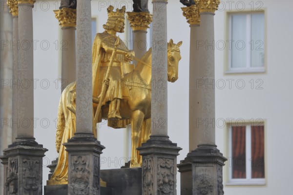 Magdeburg horseman with crown, golden equestrian figure, equestrian statue, sculpture, landmark,