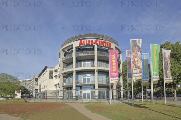 Allee-Center with flags, shopping centre, modern building, inscription, pleasure, shopping,