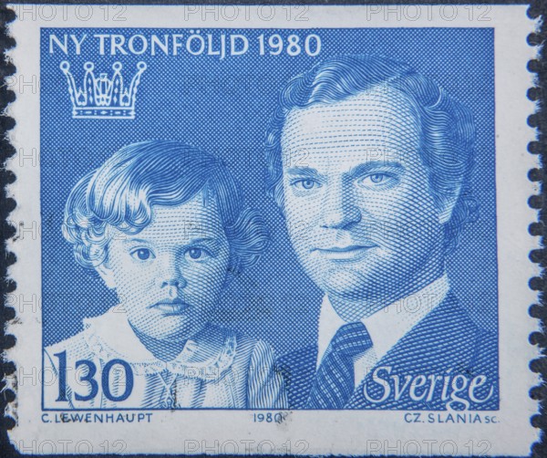 King Carl XVI Gustaf with Crown Princess Victoria three years old, Sweden, Scandinavia. Portrait on