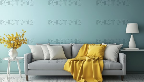 Turquoise Wall Living Room With Grey Sofa, Yellow Blanket, And Flowers. Study Table And Decorative