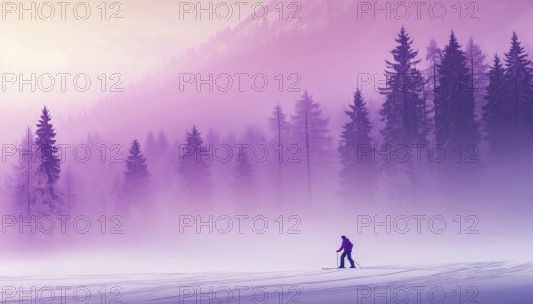 Cross-Country Skiing In Enchanting Misty Landscape: Mountains, Forest In The Violet Haze. Skier