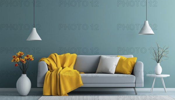 Elegant Living Room With Turquoise Wall And Grey Sofa, Brightened By Yellow Blanket, Flowers, And