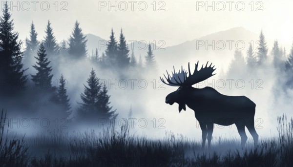 Majestic Moose Silhouette Standing In Meadow Forest - Magical Misty Landscape With Trees, Grass,