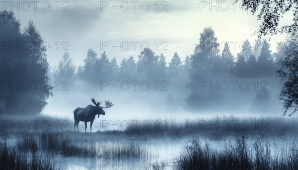 Majestic Moose In Meadow: A Serene Forest Scene With Misty Atmosphere And Blue Hues - Perfect For