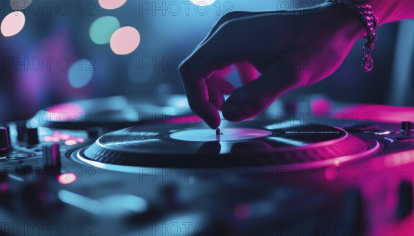 Dj Mixing Hip Hop Tracks On Vinyl Turntables In Nightclub With Blur Motion And Live Music Scene For