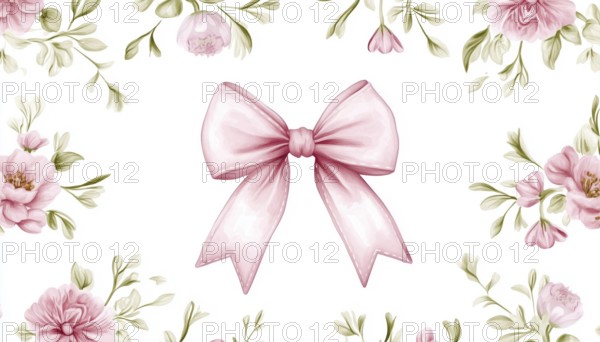 Floral Bouquet And Pink Ribbon Bow On White Background: Classic Elegance Flower Print For Fabric,