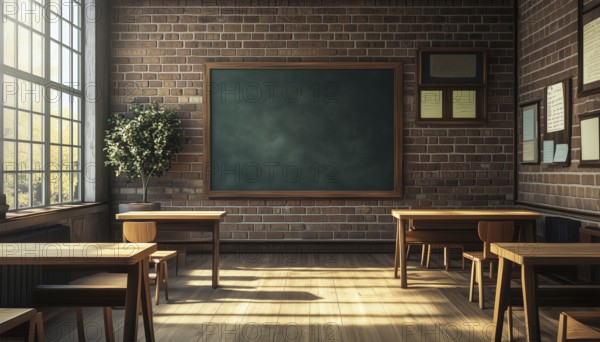 Empty Classroom: Wooden Furniture, Green Blackboard, And Brick Wall Rendering, Without Any Students