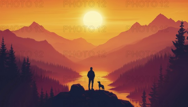 Solo Adventure: Hiking With Dog In Sun-Kissed Mountain Landscape, Enjoying Peaceful Beauty Of