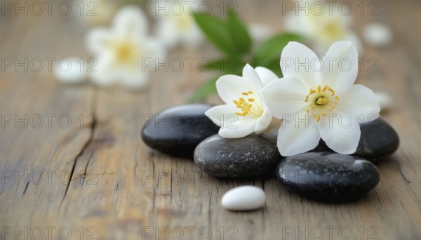 Jasmin Flower And Spa Stones On Wooden Table In A Relaxing Spa Setting. Enhance Your Self-Care