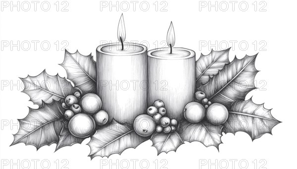 Freehand Pen And Ink Sketch Of Graphic Candles, Holly Berries, And Leaves. Capture The Festive