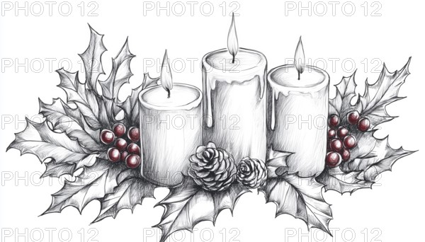 Freehand Pen And Ink Sketch Of Graphic Candles, Holly Berries, And Leaves - Intricate Illustration