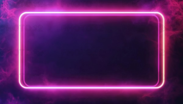 Shimmering Neon Double Rounded Rectangular Frame On Deep Purple Background. Radiant Techno Backdrop