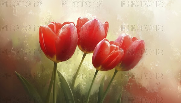 Vintage Painting Of Red Tulip Flowers With Soft And Blurry Details - Featuring A Beautiful