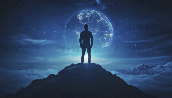 Achieving Success: Businessman'S Silhouette On Mountain Top, Leading In Competition. Standing With