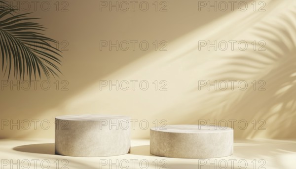 Two Exhibition Podium Stands On Pastel Beige And Grey Stone Pedestals For Premium Product Display
