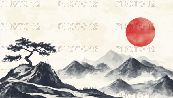 Oriental Landscape With Mountain, Tree, Red Sun, And Cloud In Japanese Art Style: Perfect For