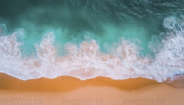 Sandy Beach And Ocean Nature: A Tranquil Aerial View Of Waves And Turquoise Water. Serene Summer