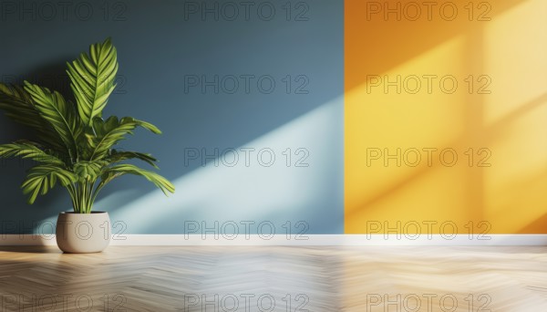 Modern Home Living Room Interior With Blue And Orange Wall Accents, Concrete Features, Vibrant Vase