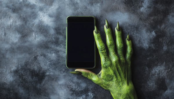 Green Monster Hand Holding Smartphone With Empty Space On Grey Background: Halloween, Tradition,