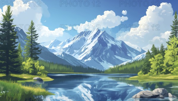 Scenic Mountain And Lake Scene In A4 Size. Featuring Detailed Illustrations Of A Landscape With