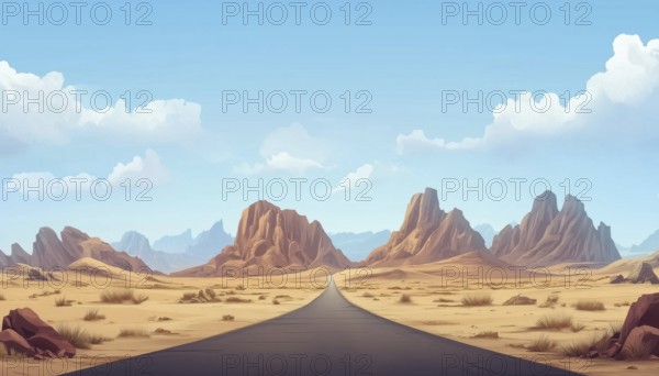 Majestic Peaks And Boulders In A Barren Desert Setting: A Desert Road Cutting Through The Vast