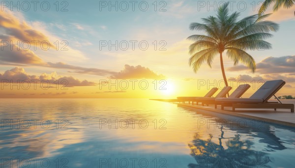 Luxurious Poolside And Sunny Sky: Stunning Tropical Beachscape With Deck Chairs, Loungers, And Palm
