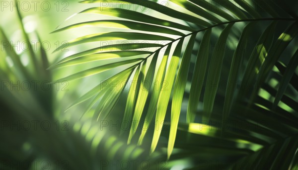 Exotic Abstract Natural Green Lush Tropical Palm Leaf Closeup With Shadows In Dark Tone -