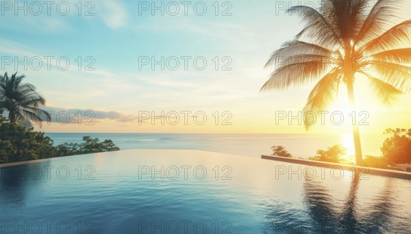 Luxurious Outdoor Infinity Pool Swimming At Beachfront Hotel Resort With Tropical Landscape And