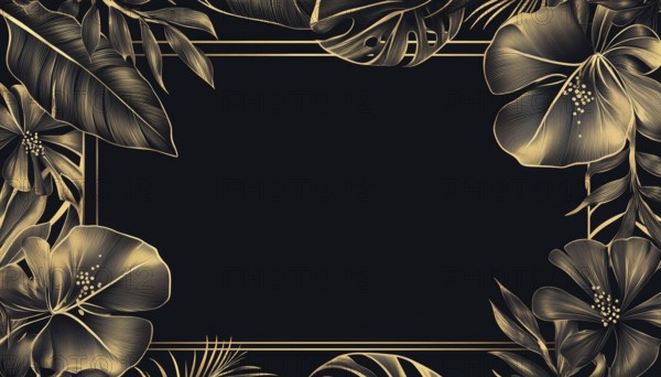 Exquisite Luxury Cover Template With Hand-Drawn Tropical Art And Gold Exotic Flowers And Leaves For