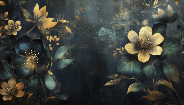 Luxurious Gold And Black Floral Wall Art With Dark Blue And Green Accents, Shiny Golden Light,