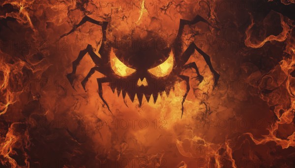 Spooky Halloween Design: Chaotic Spider Pattern, Gloomy Lighting, Pumpkin Faces, Ghosts, Mask