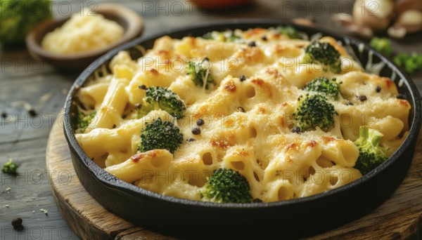 Cheesy Baked Penne Pasta With Broccoli And Chicken, Topped With Gratin Sauce: A Delicious