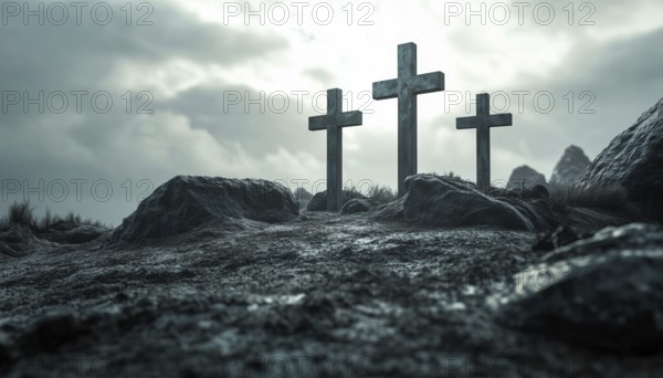 Three Crosses On A Gray Background Representing Calvary. The Crosses Are Illuminated By Light, With