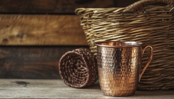 Antique Copper Cup And Basket Displayed In Empty Setting: A Vintage Display Of Elegance And Charm