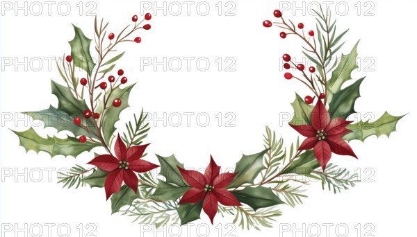 Festive Christmas Wreath Border Featuring Branches, Leaves, Flowers, And Red & Green Pointia. Ideal