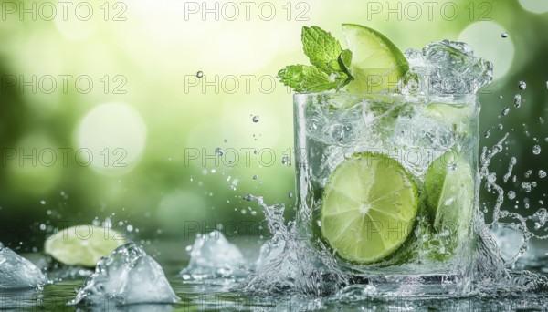 Hand Drawn Mojito Cocktail Splashing On The Water. Great For Menus, Bars, Cafes, Restaurants,