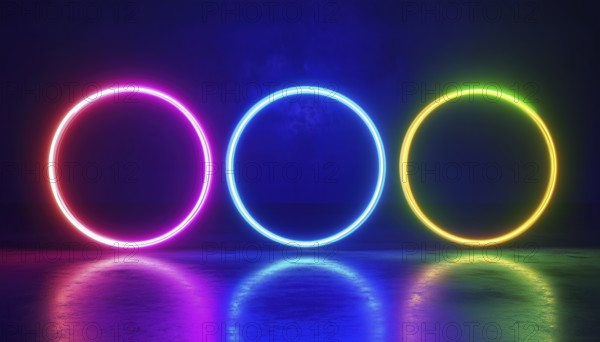 Vibrant Neon Circle Frames On Dark Backdrop: Modern And Eye-Catching Neon Light Circles In Green,