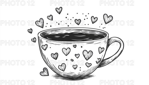 Adorable Cup Of Hot Chocolate With Hearts: Hand-Drawn Doodle Mug With Tasty Drink On White