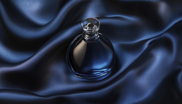 Realistic Perfume Bottle On Silk Fabric With Dark Blue Liquid, Mock Packaging For Scent Fragrance