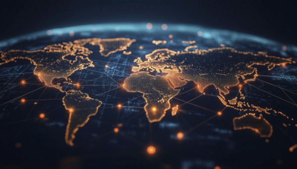 Digital Image Showing Network Connections Across World Map With A Black Background. Focus On