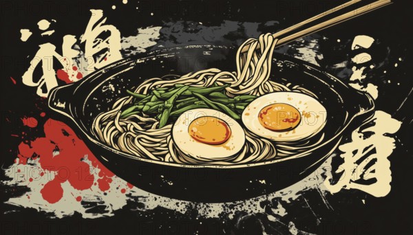 Traditional Japanese Dish Sticker: Hand-Drawn Soba With Stylized Lettering And Ink Drops. Featuring