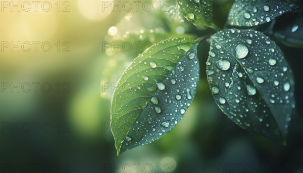 Serenity In The Outdoors: Calming Shades Of Blue And Green, Close-Up Of Morning Dew On Leaves Under