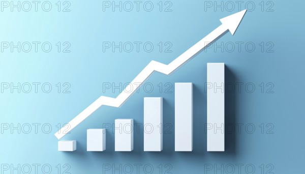 White Graph Bar With Long Shadow On Blue Background Depicting A Growing Bar Graph With Rising Arrow