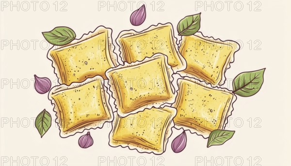 Hand-Drawn Doodle Of Ravioli Pasta Card For Italian Cuisine. Ideal For Menu, Cafe, Restaurant, Bar,