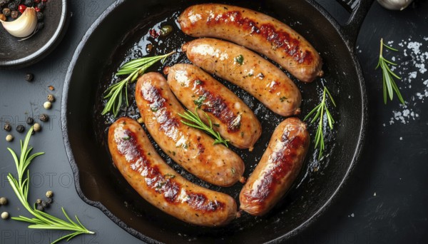 Top-Down View Of Cast Iron Pan With Grilled Pork Sausages On A Barbecue Or Grill. Juicy And