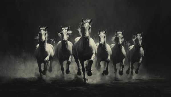 A Stunning Scene Of Gray Scale Horses Galloping Towards The Viewer In A Majestic Herd - A