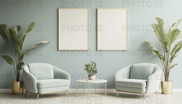 Pastel Interior Classic Mock-Up Poster Featuring Soft Armchairs, Plant, And Lamps - Rendered Design